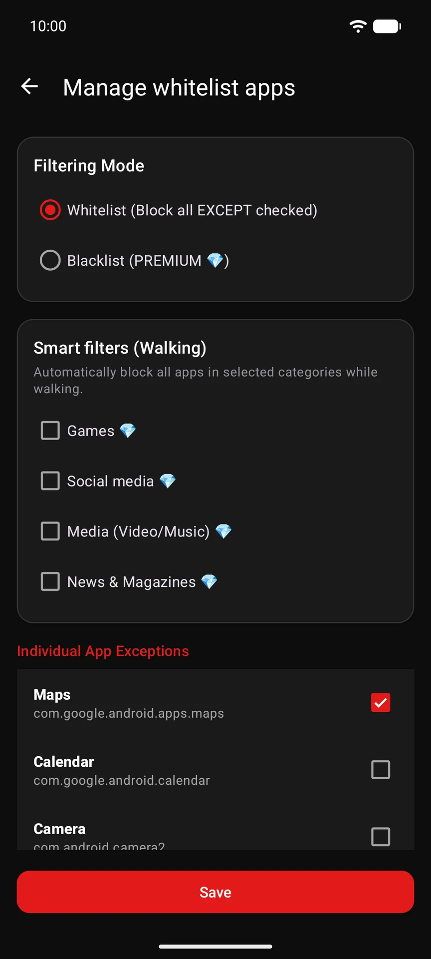 Liste erlaubter WalkBlock-Apps für Anrufe, Karten und andere wichtige Funktionen