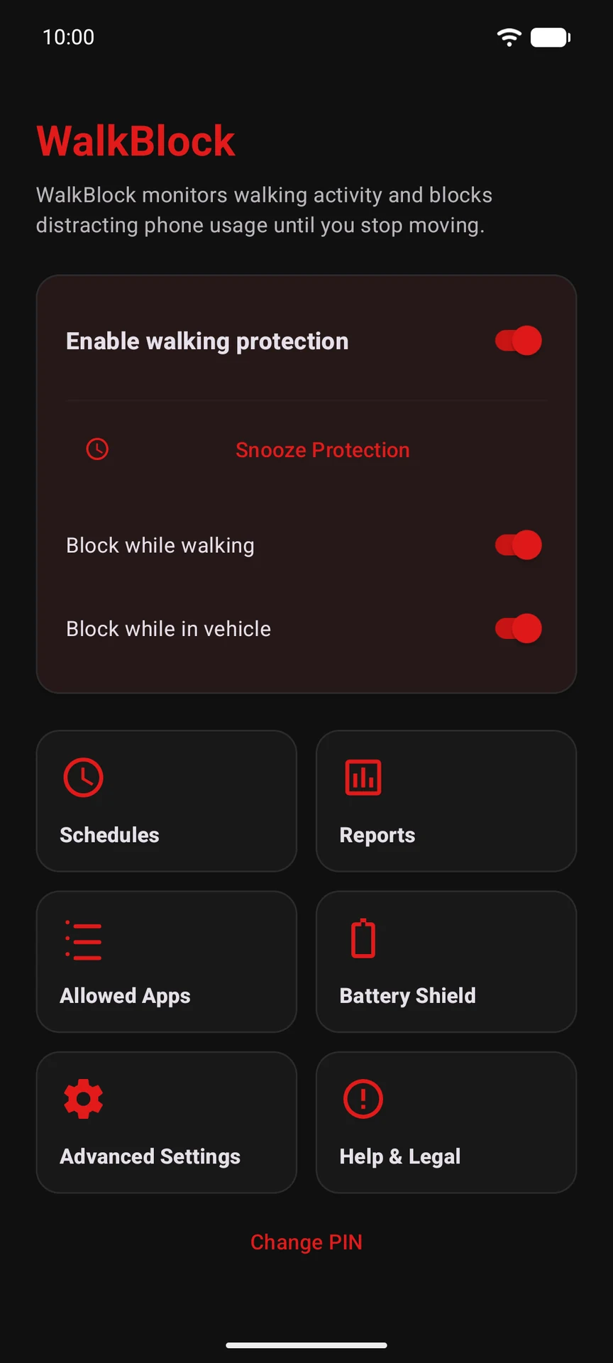 WalkBlock-Android-Übersicht mit aktiviertem Bewegungsschutz